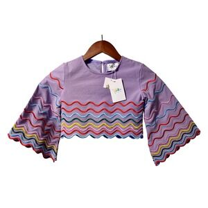 Lola & the Boys Kids Purple Rainbow Wavy Embroidered Bell Sleeve Crop Top Size 4